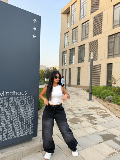 Baggy Jeans with Double Button & X Tie 2B Black