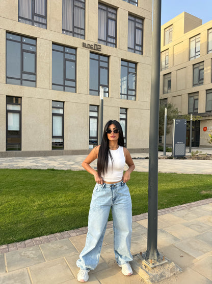 Baggy Jeans with Double Button & X Tie 2B light blue