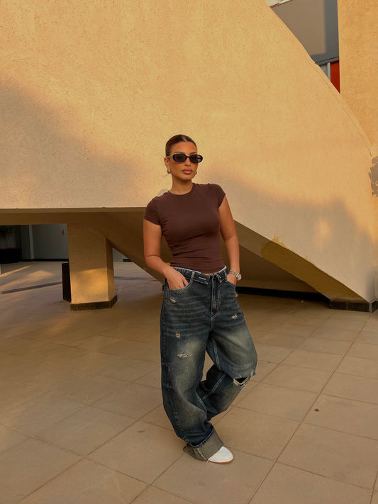 Twist Waist Wide Jeans Dark Dirty with Ripped Knee Pants