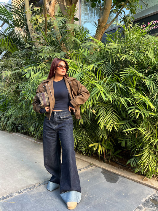 Wide Leg Denim Jeans with Metal Stud Details 2