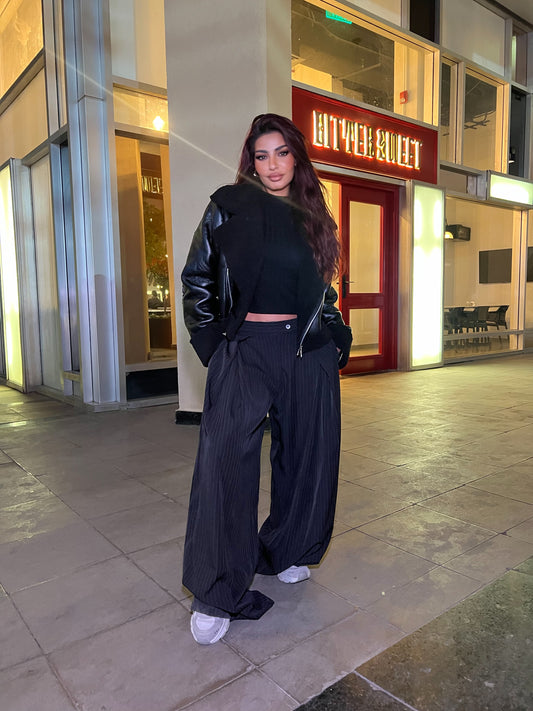 Double layer Black Striped Wide Pants