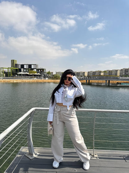 ” Beige Belted Baggy Pants”
