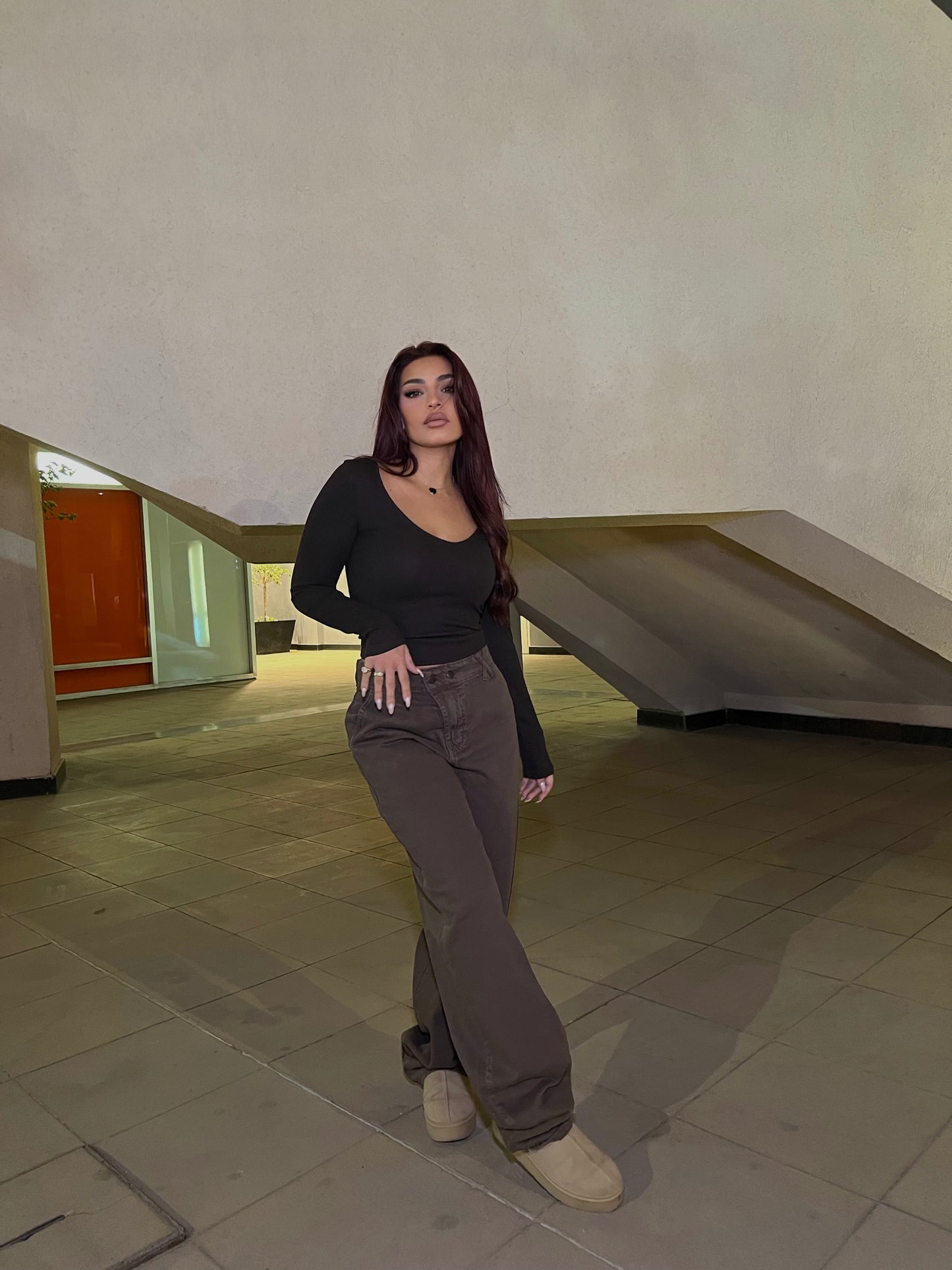 Baggy Jeans with Double Button & X Tie 2B Brown