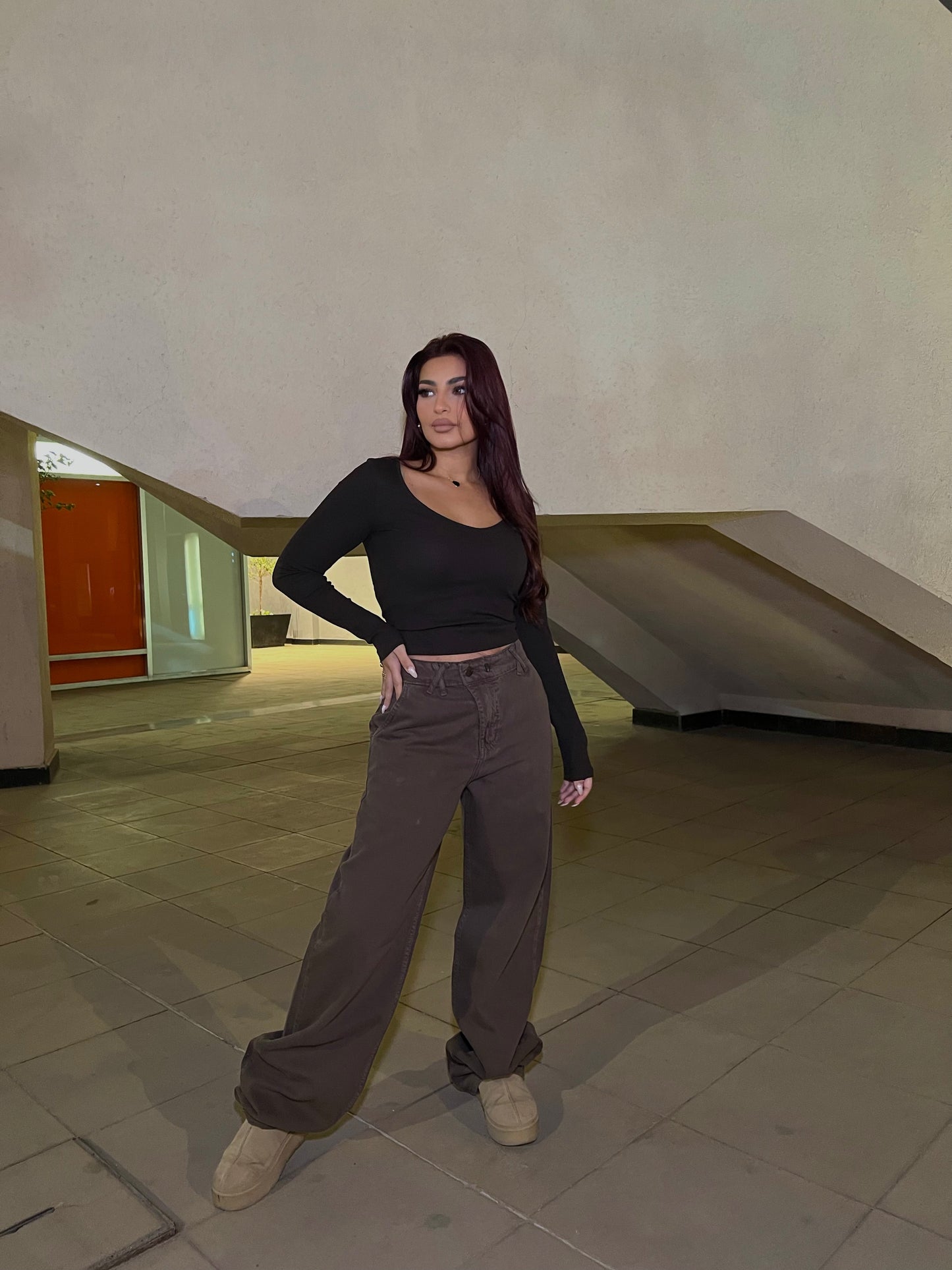 Baggy Jeans with Double Button & X Tie 2B Brown