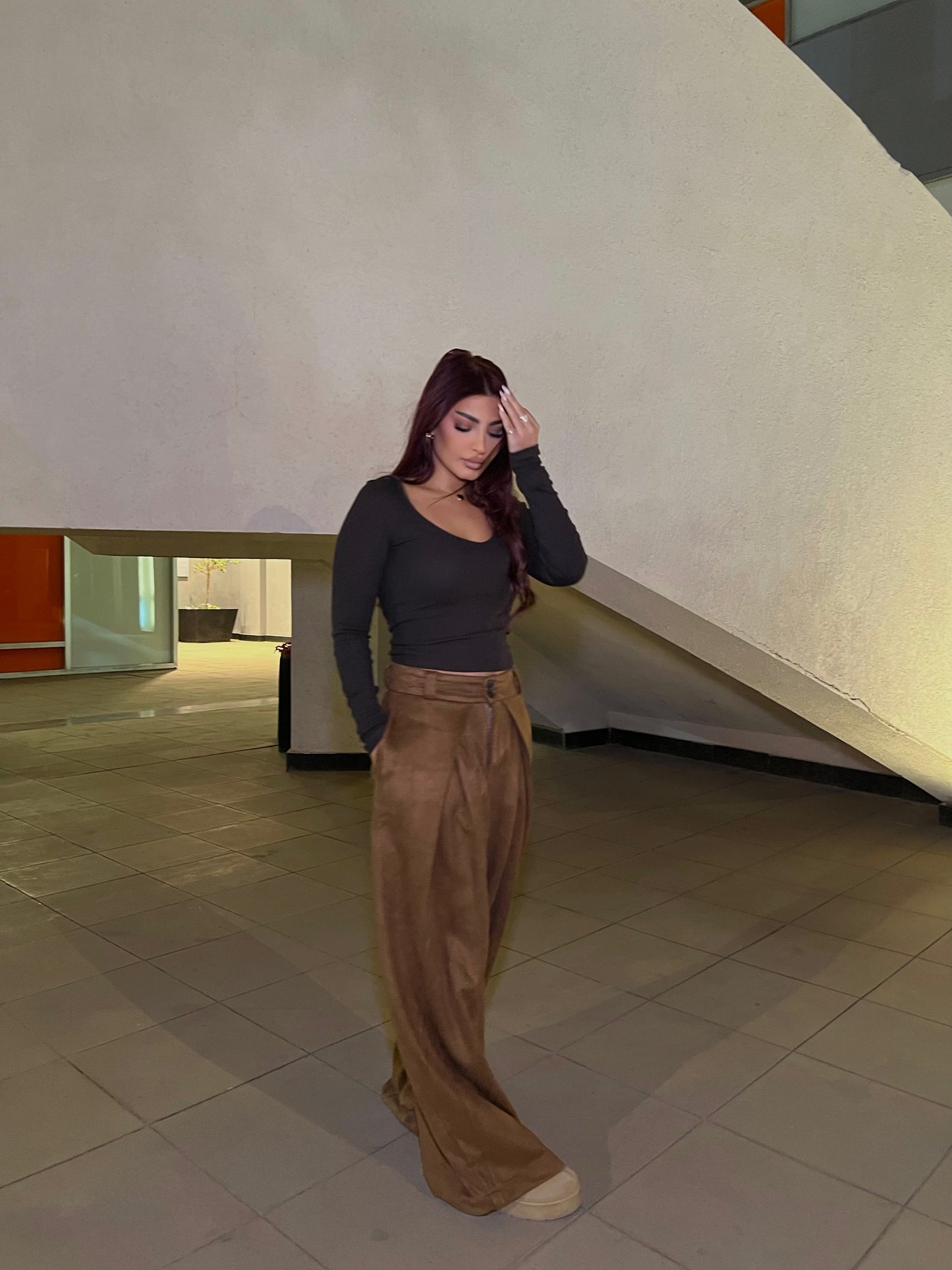 Suede Wide-Leg Pants Brown