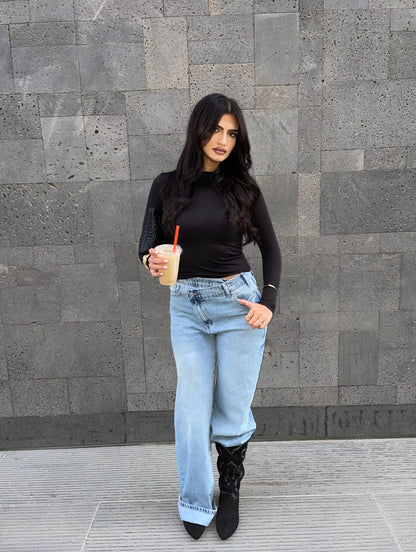 Wide Leg High Waisted Jeans cross light blue