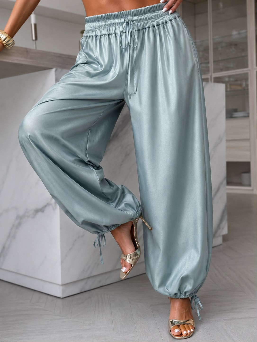 Satin Parachute Pants Mint Green
