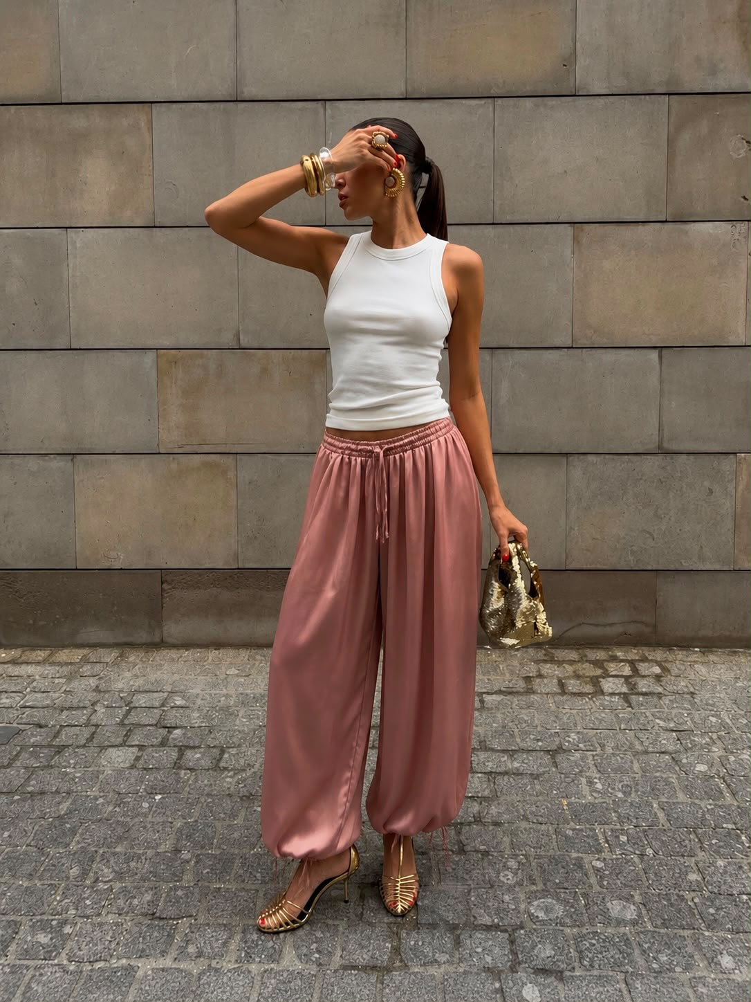 Satin Parachute Pants Dusty Rose