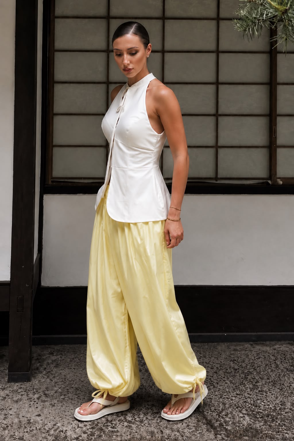Satin Parachute Pants Yellow