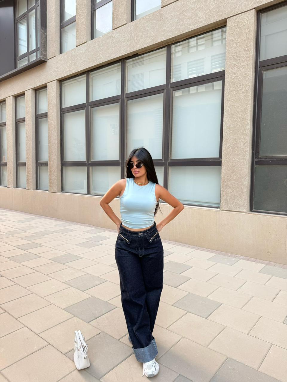 Wide Leg Denim Jeans with Metal Stud Details 2