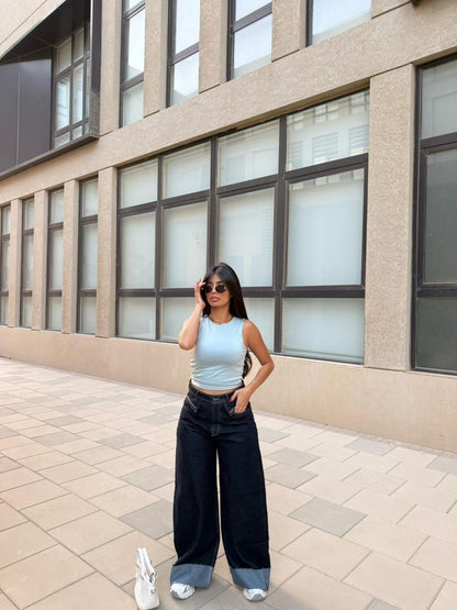 Wide Leg Denim Jeans with Metal Stud Details 2